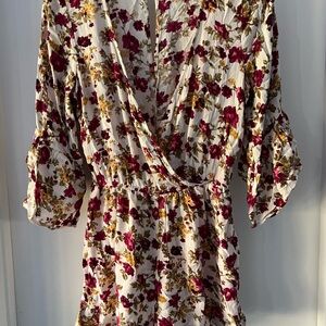 American Eagle Outfitters Burgundy Floral Long Sleeve Short Jumpsuit
